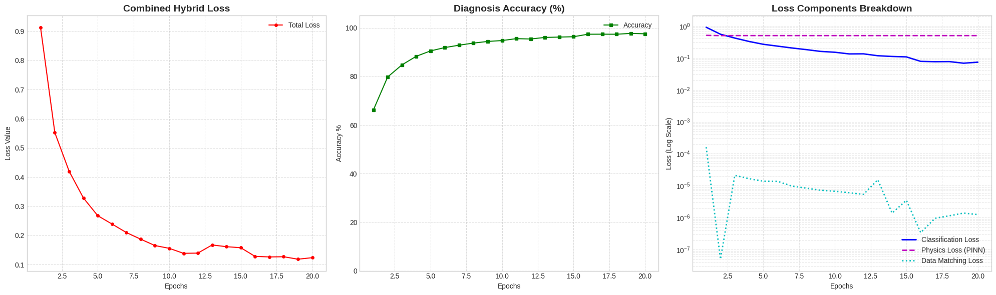 Training loss and diagnosis accuracy of the Hybrid PINN model
